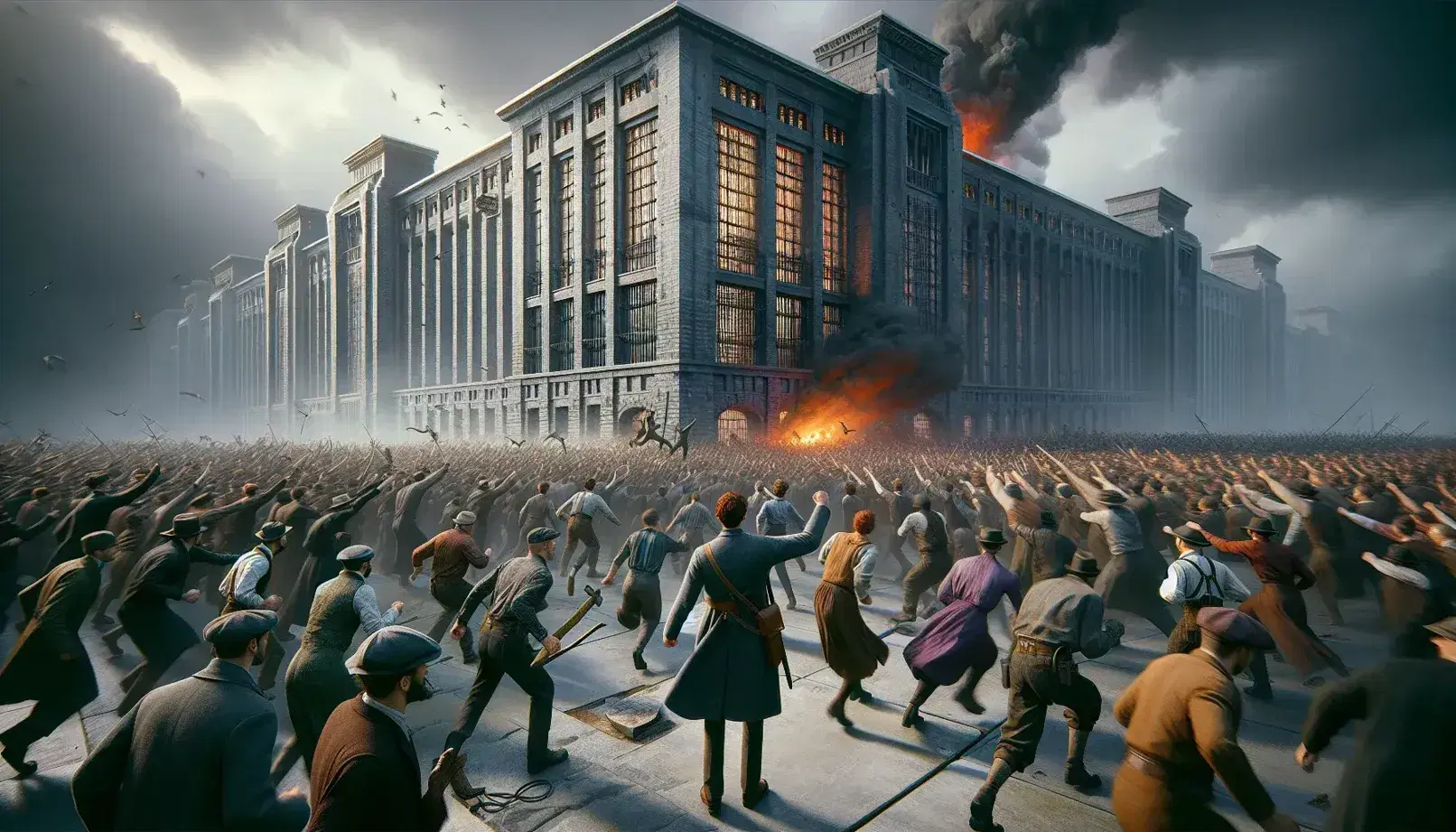 Folla in movimento con uomo in primo piano che incita verso edificio in fiamme, in una scena di rivolta senza simboli leggibili.