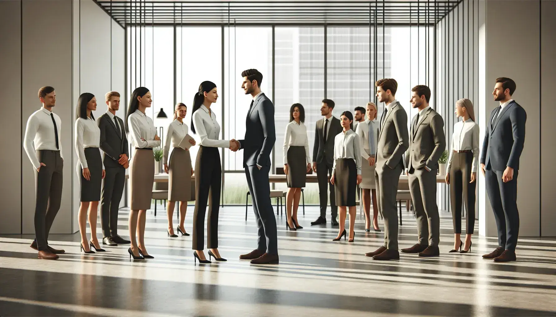 Grupo diverso de profesionales en oficina moderna, con una mujer y un hombre dándose un apretón de manos en señal de acuerdo, rodeados de colegas.
