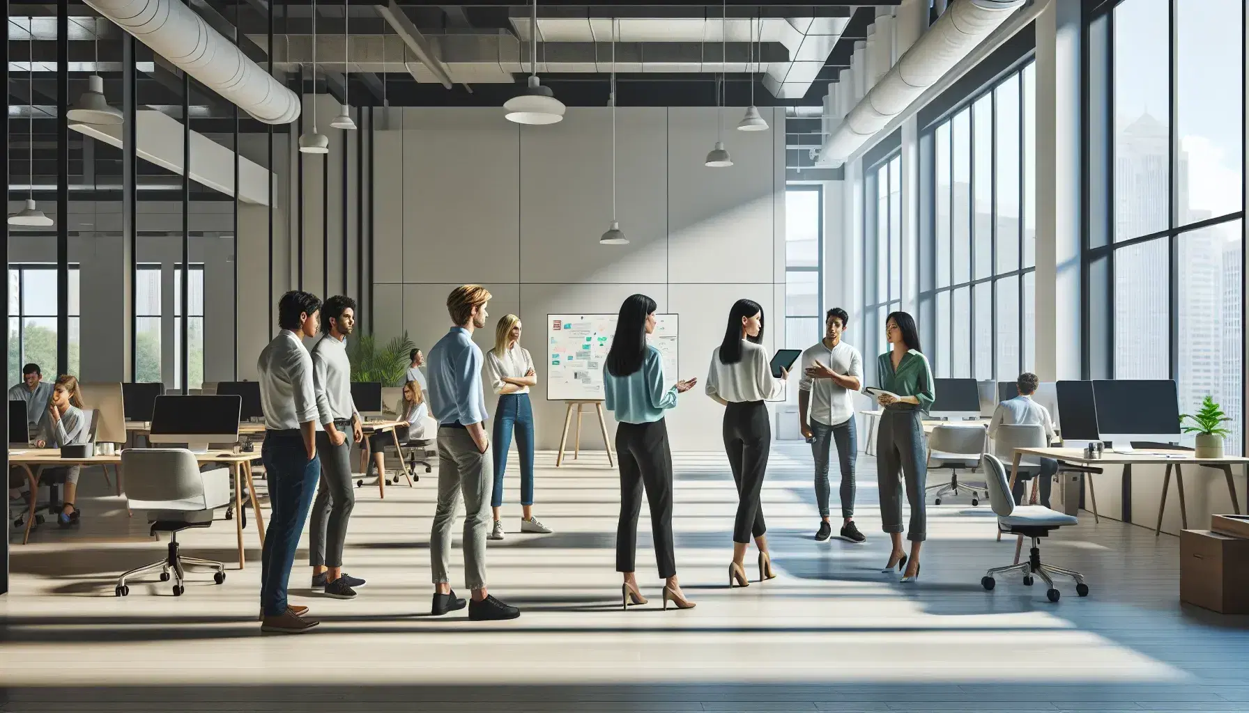 Equipo diverso colaborando en una oficina moderna y luminosa con una mujer liderando la conversación y compañeros atentos, rodeados de plantas y amplias ventanas.