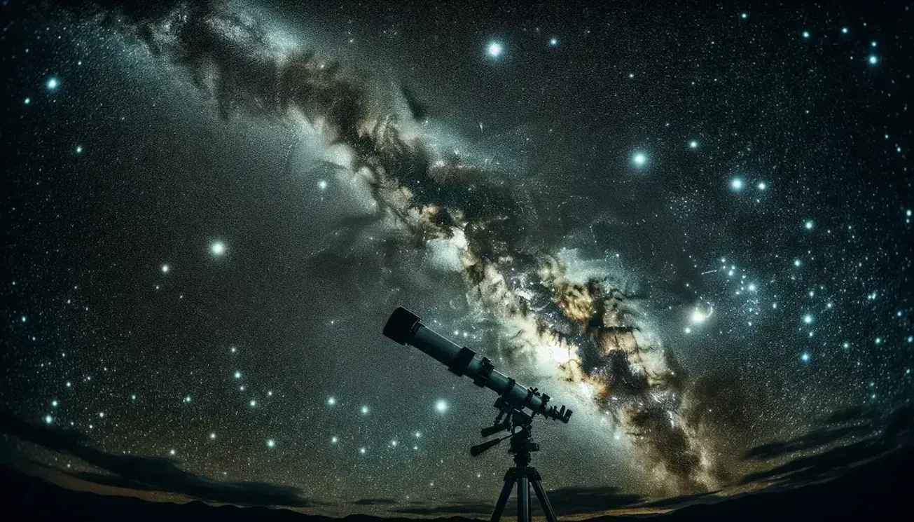 Starry night sky with the Milky Way's detailed bands crossing diagonally, and a silhouette of a telescope on a tripod in the foreground.