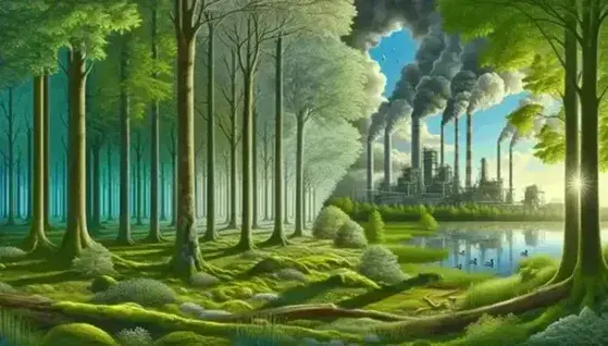 Foresta rigogliosa con raggi solari, fabbrica con fumo in lontananza, lago con anatre e cielo sfumato da inquinamento.