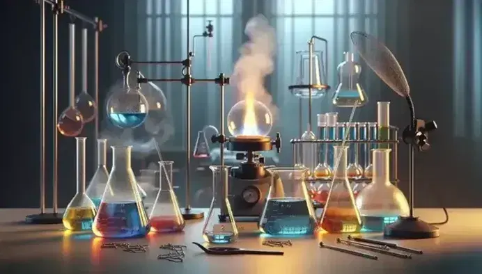Laboratorio científico con matraces Erlenmeyer de líquidos coloridos, mechero Bunsen encendido y termómetro en experimento de termoquímica.