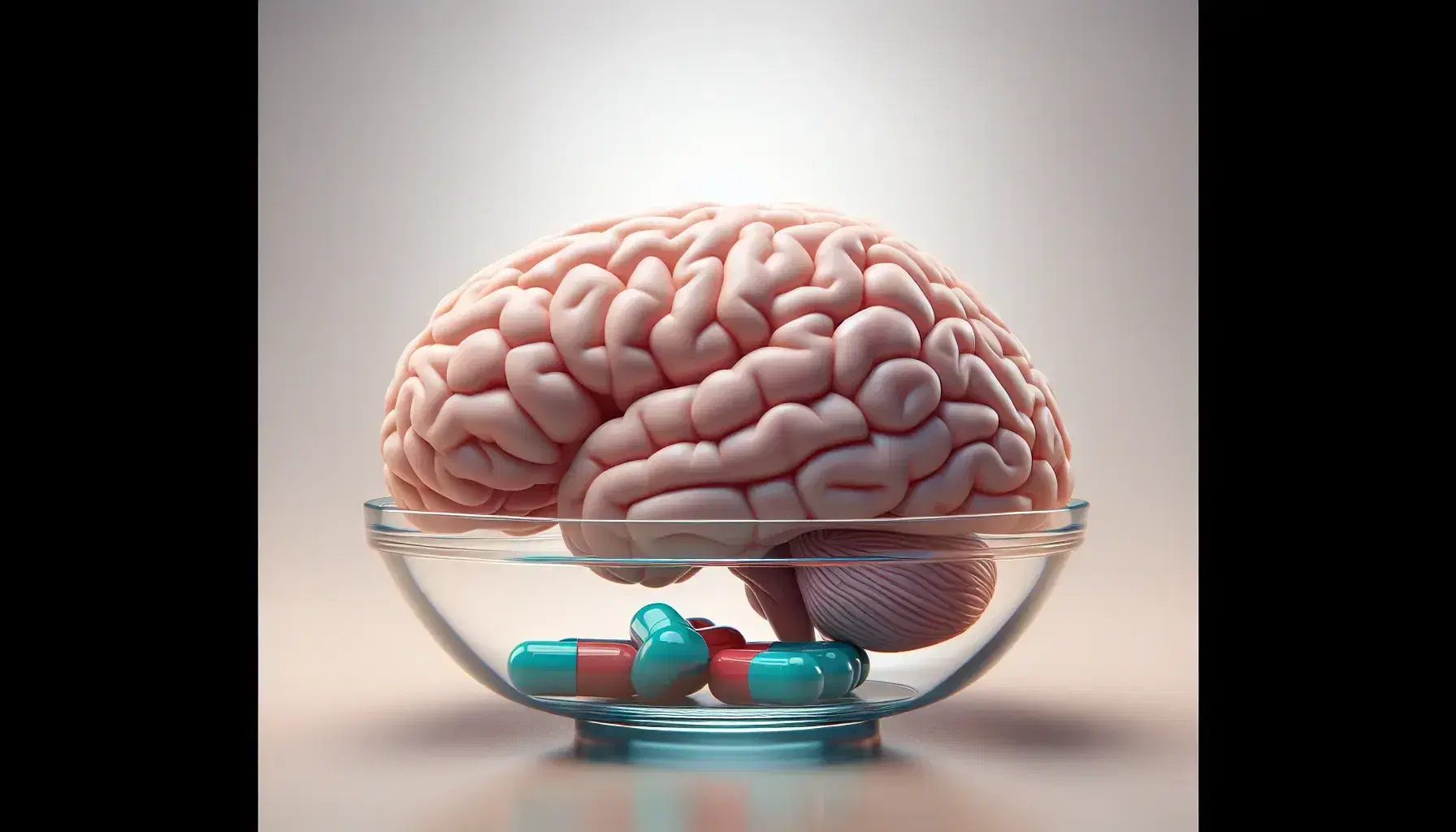 Three-dimensional model of the human brain with frontal, parietal, occipital and temporal lobes, next to three colored pills in a glass bowl and a hand reaching towards the brain.