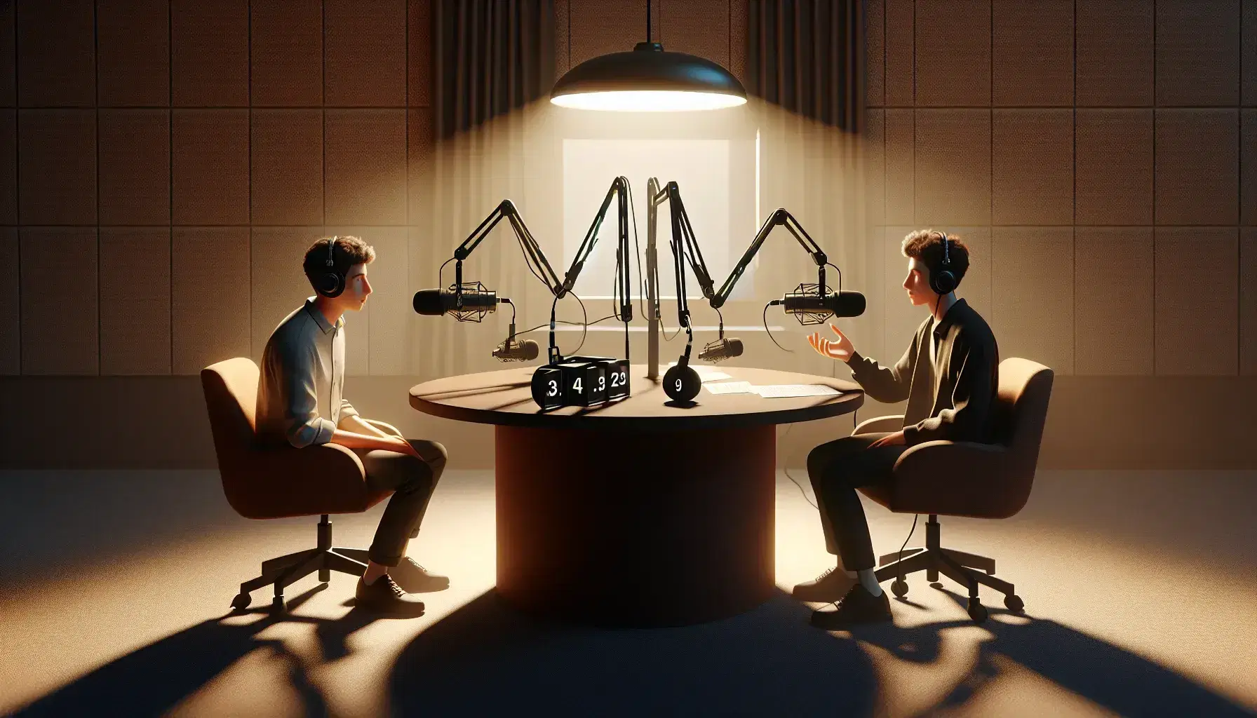 Estudio de radio con dos personas, una entrevistadora con camisa clara y papeles y un entrevistado con chaqueta oscura, separados por una mesa con micrófonos y auriculares.