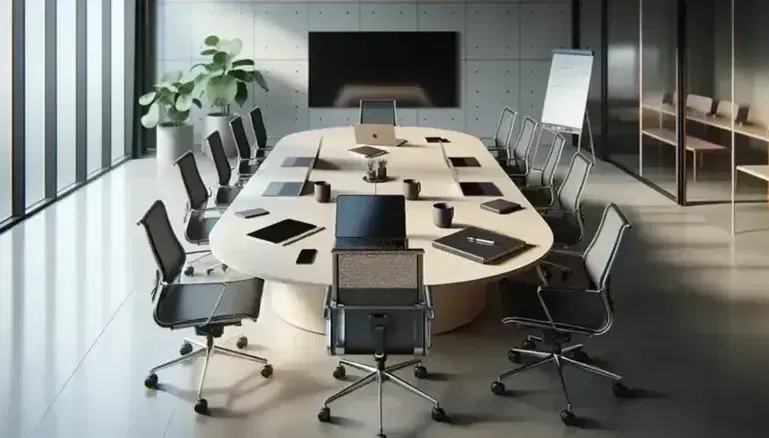 Modern office meeting room with oval conference table, ergonomic chairs, laptop, smartphone, tablet, mug, glass whiteboard, and potted plant.