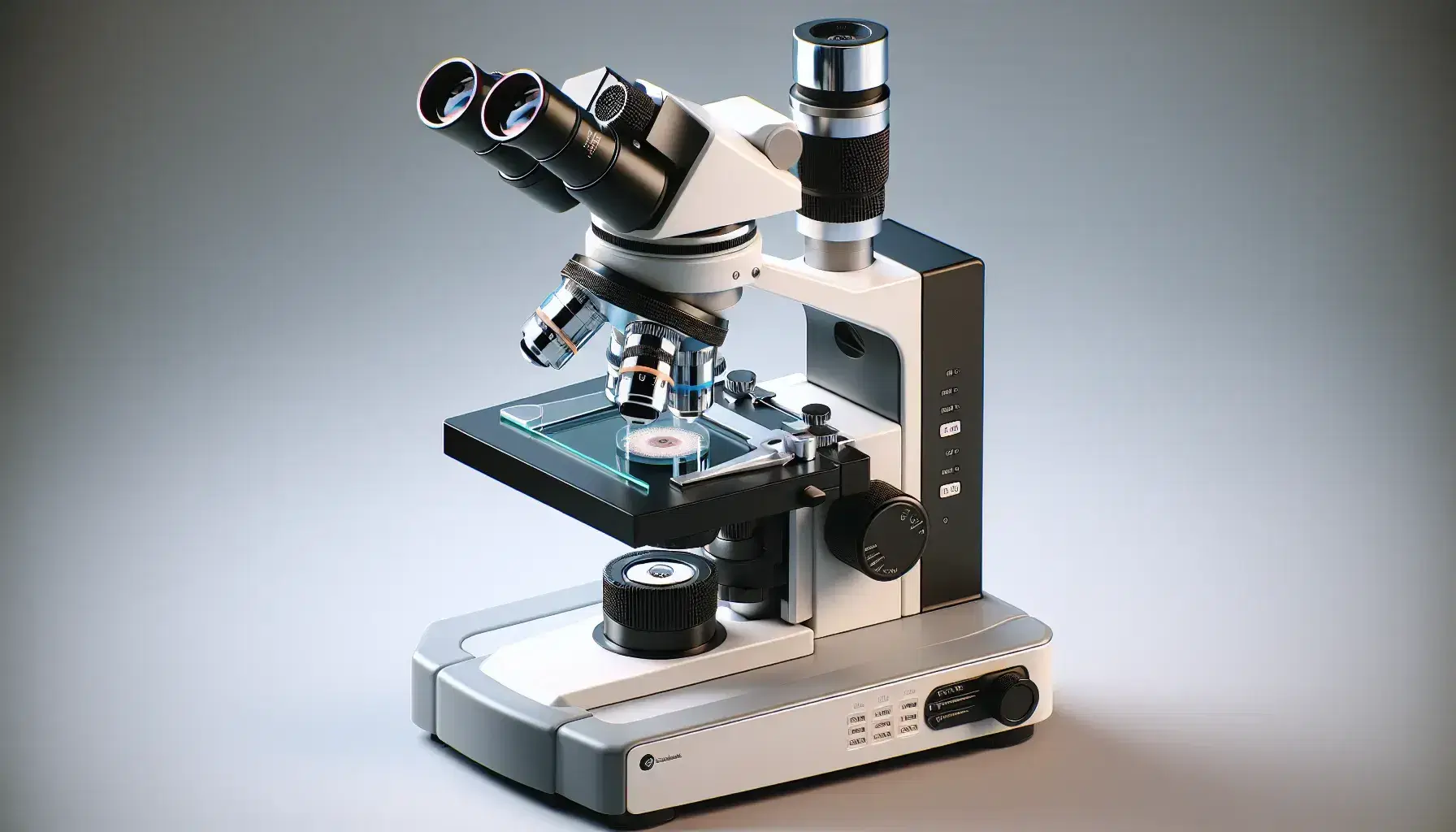 Microscopio óptico de laboratorio moderno con base rectangular, brazo con ocular de goma, revolver con lentes objetivos y platina con portaobjetos iluminado.
