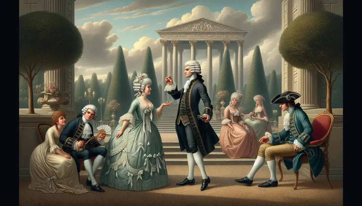 Escena del siglo XVIII con personas en atuendos de época, arquitectura clásica y jardín simétrico, destacando un hombre y una mujer con vestimentas elegantes.