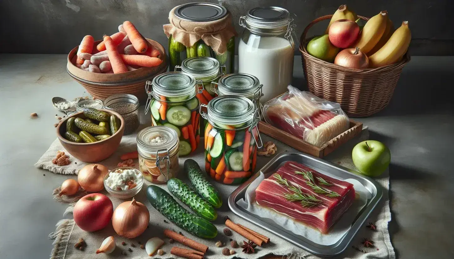 Variedad de alimentos frescos y conservados, incluyendo frascos de vegetales encurtidos, carne curada en bandeja de acero, recipiente cerámico con lácteos y cesta de frutas maduras.