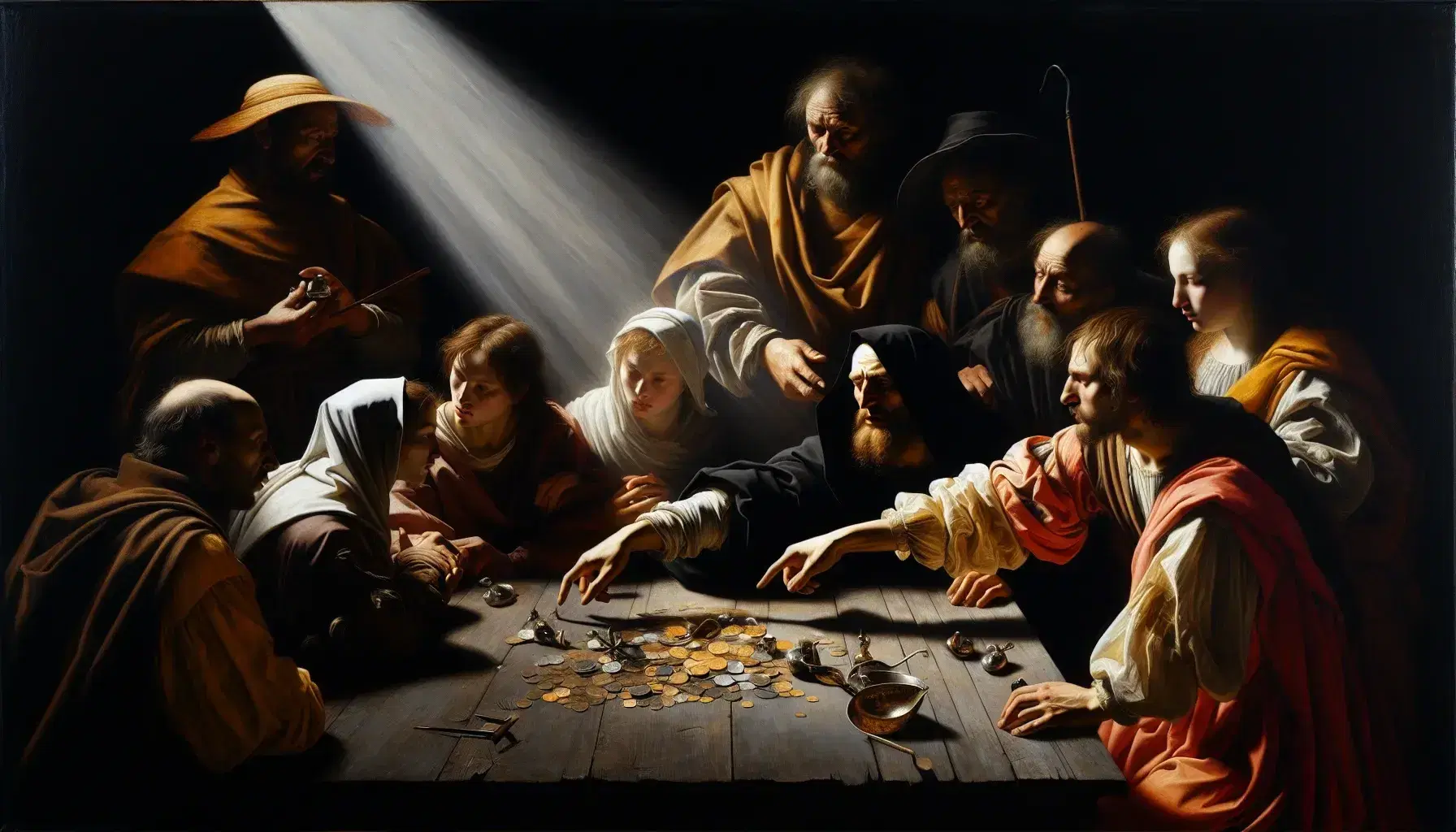 Riproduzione pittorica 'La Vocazione di San Matteo' di Caravaggio, con gruppo di persone in abiti d'epoca e gioco di chiaroscuro.
