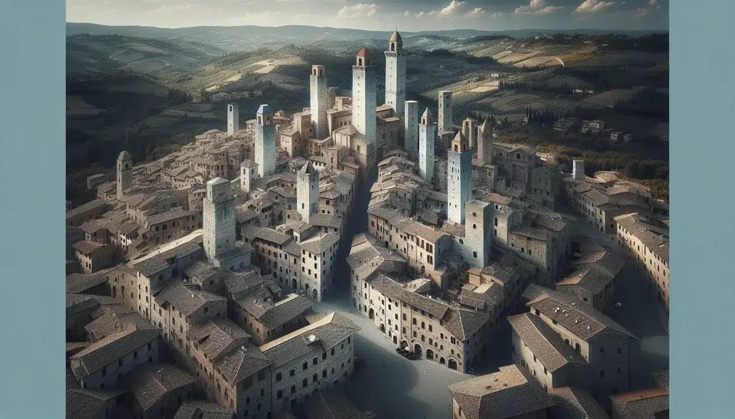 Veduta aerea di città medievale italiana con torri in pietra, tetti rossi e strade acciottolate, circondata da colline boscose sotto cielo azzurro.