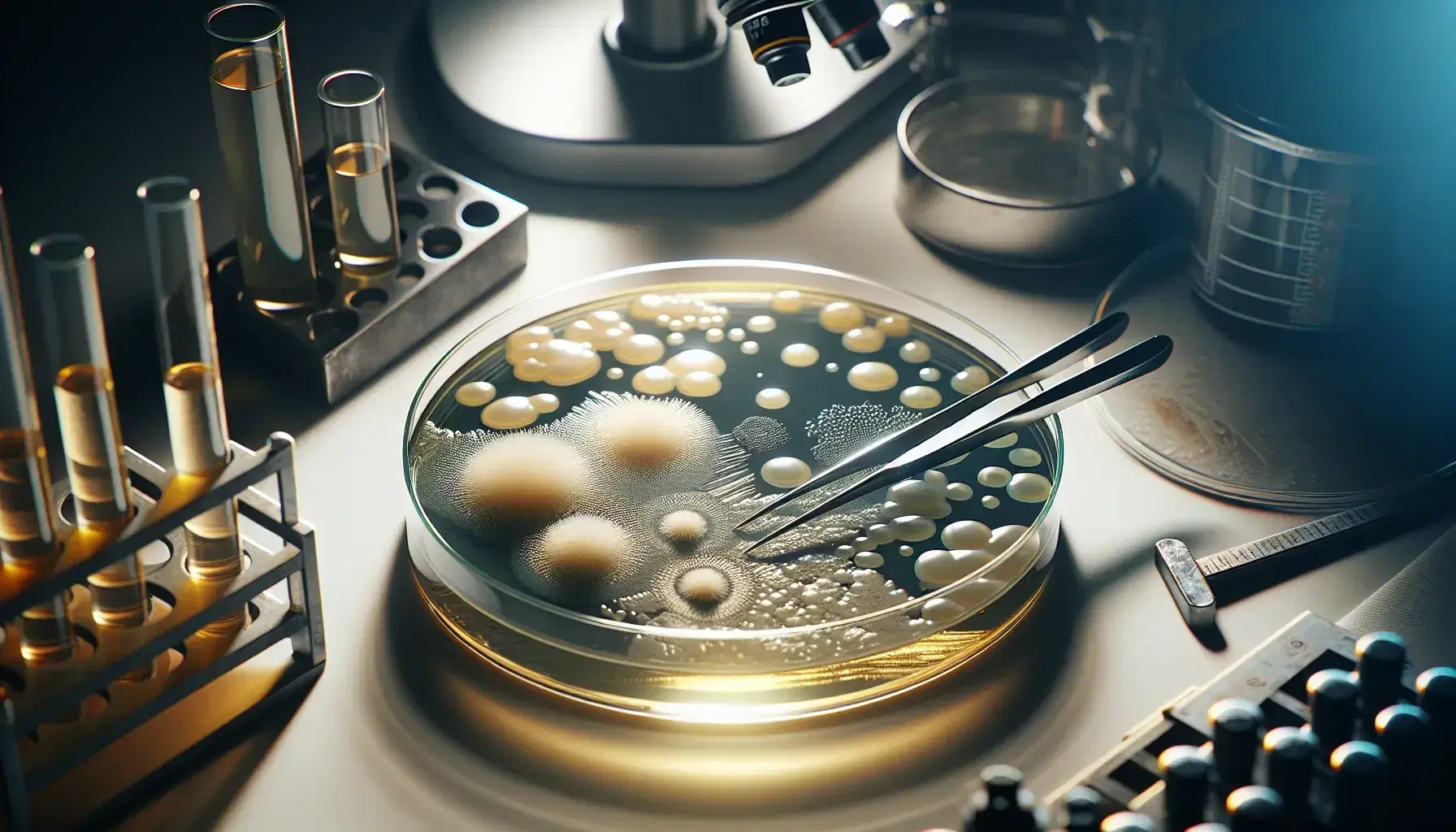Close-up of a glass petri dish with bacterial colonies on agar in the laboratory, stainless steel instrument above, blurred background with equipment.