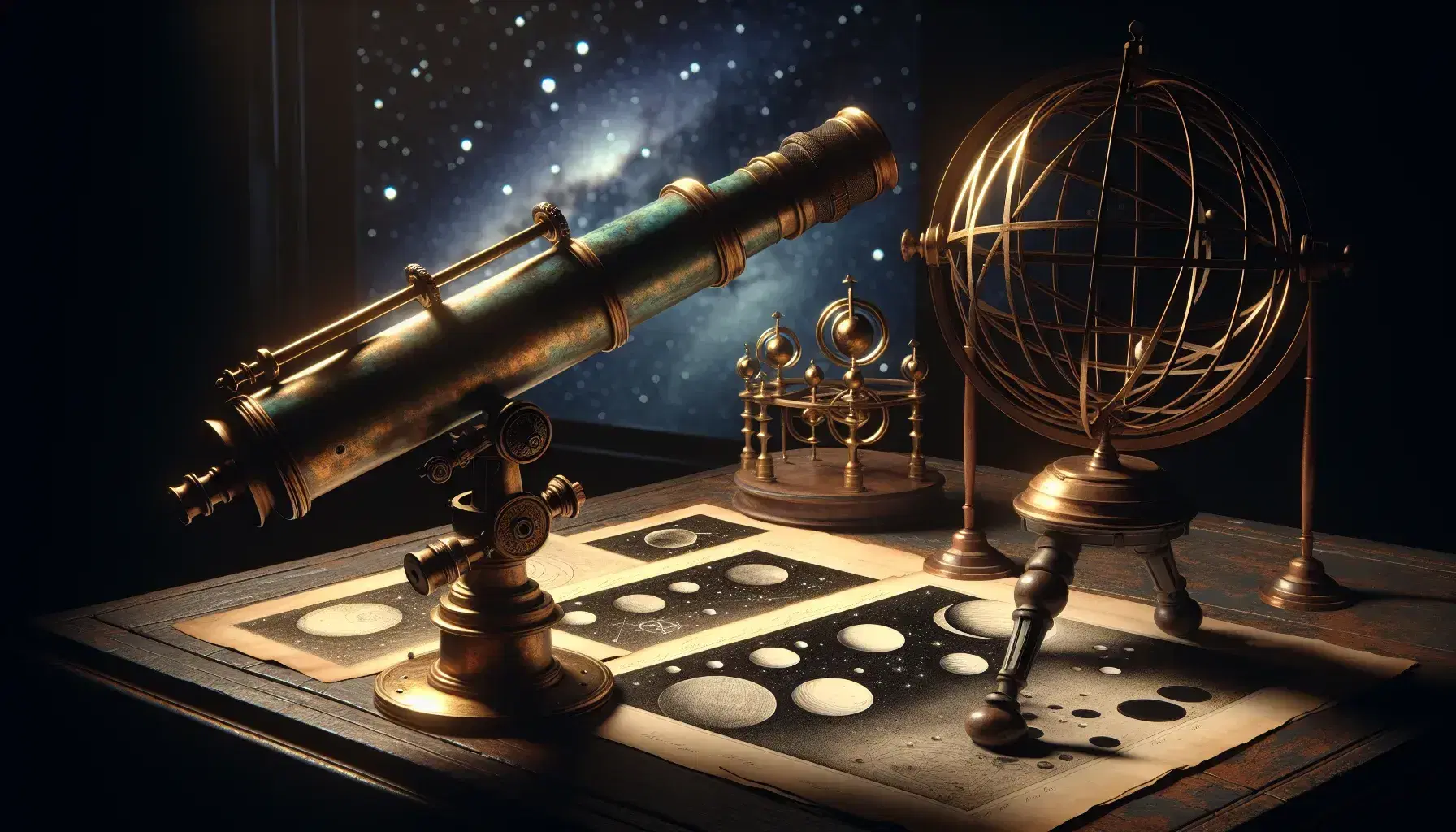 Telescopio in bronzo antico su treppiede di legno con sfondo stellato e sfera armillare dorata, tavolo con disegni astronomici.