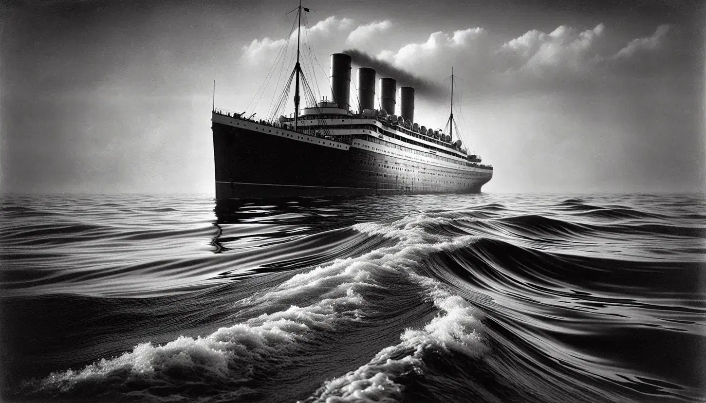 Vintage early 20th-century ocean liner sailing on calm sea with clear skies, two prominent funnels, and reflective water highlighting its grandeur.