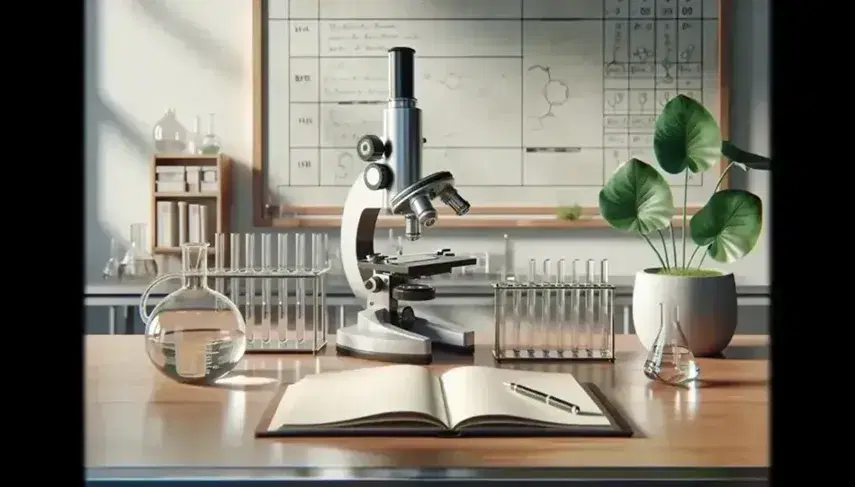 Science laboratory with microscope, slides, notebook, white board, green plants and test tubes on shelf. Bright and neutral environment.