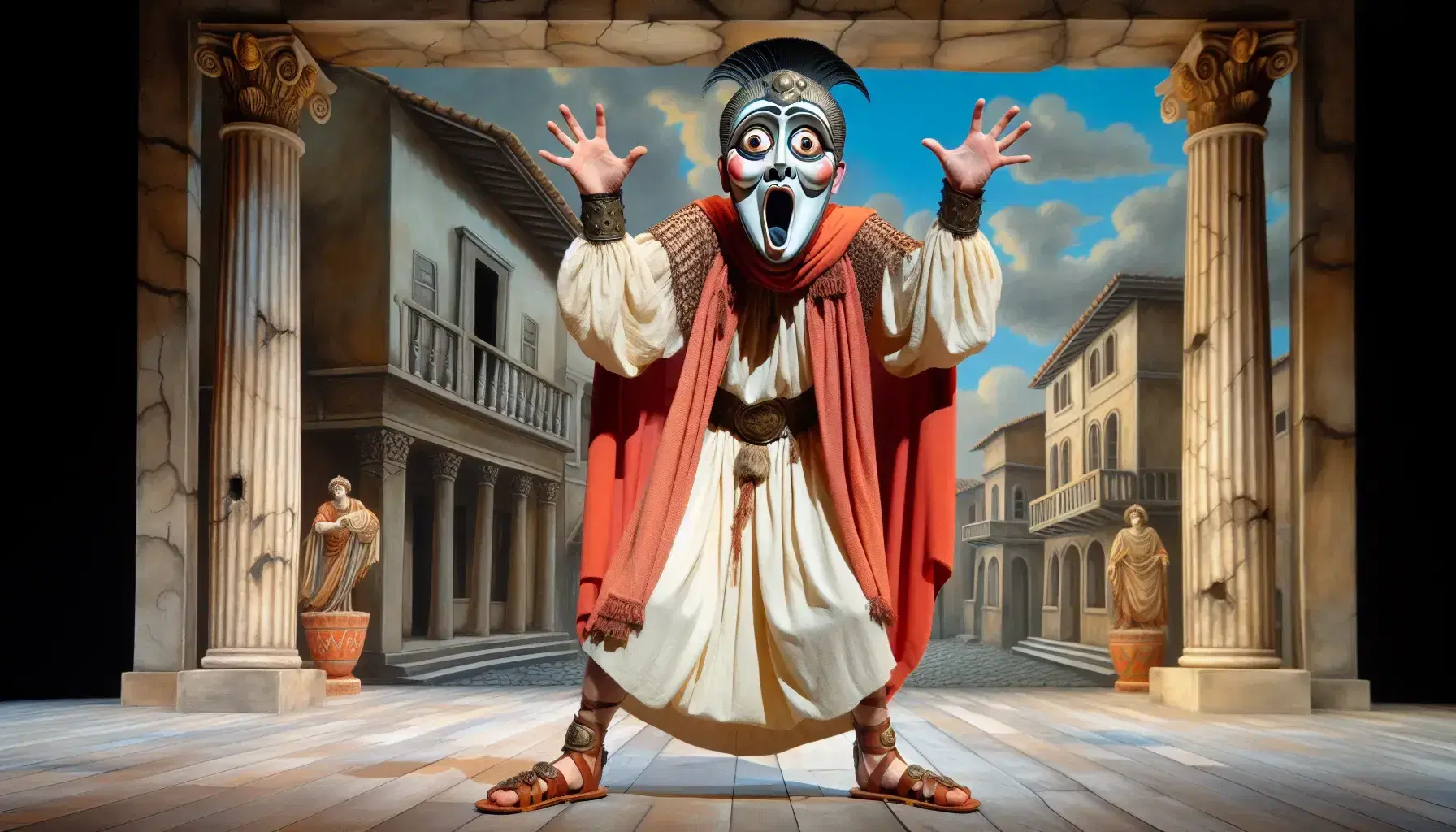 Attore romano con maschera espressiva e tunica avorio su palcoscenico antico, affiancato da personaggio con maschera maliziosa.