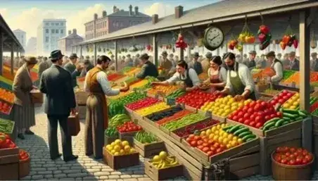 Lively open-air market with wooden stalls full of colorful fruit and vegetables, vendors and customers interact in an urban setting.