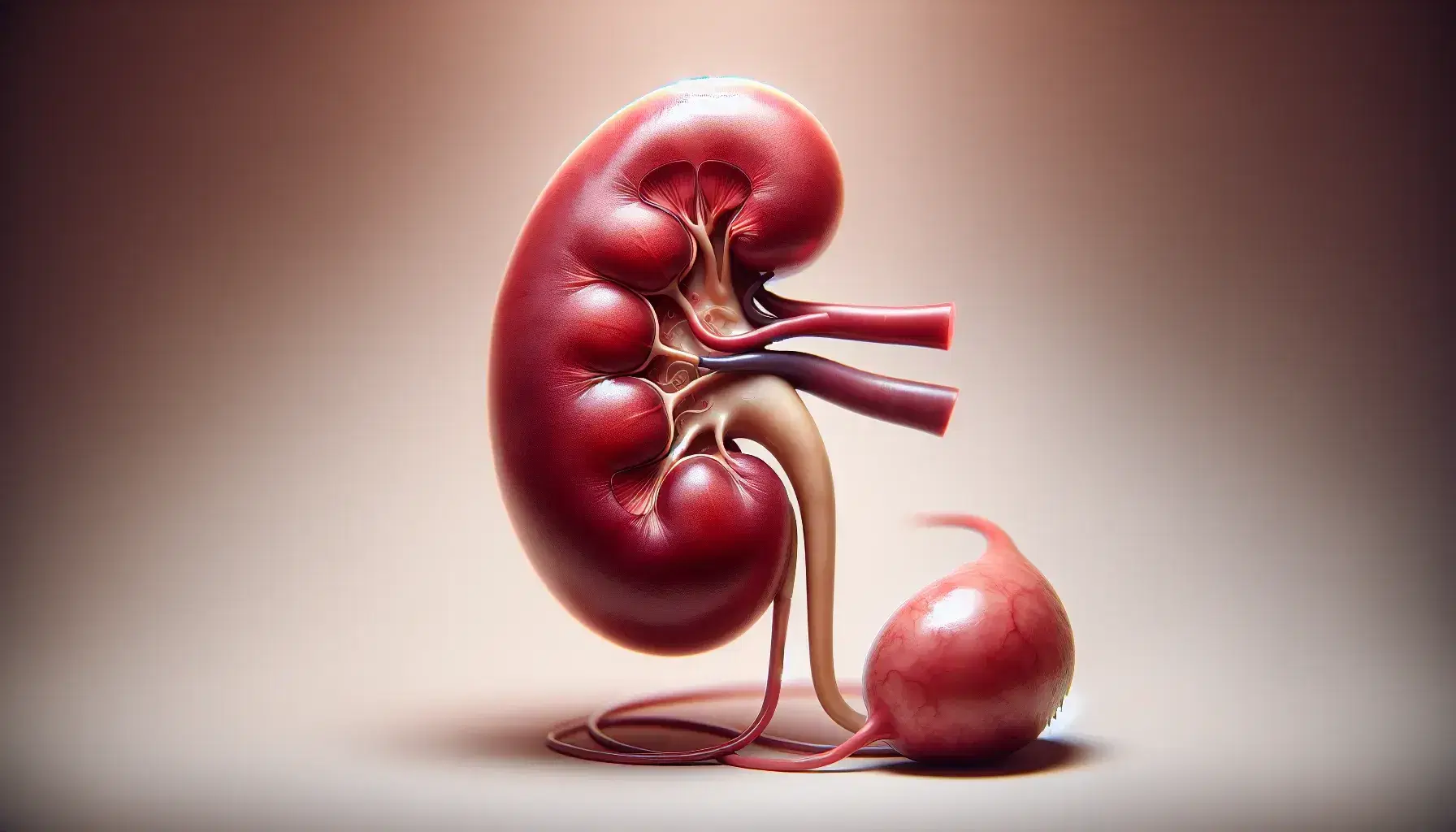 Anatomically accurate human kidney with rich red hues and glossy surface, connected to a pale urinary bladder by translucent ureters, against a neutral backdrop.
