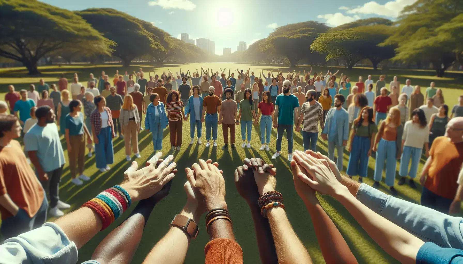 Grupo diverso de personas uniendo manos en un parque bajo cielo azul, simbolizando unidad y diversidad en un ambiente natural y tranquilo.