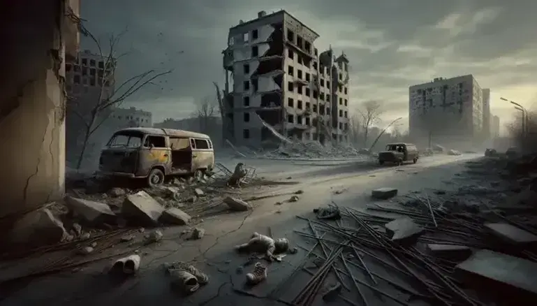 War-torn cityscape with damaged buildings, deserted street with debris and a dusty ambulance with open doors.