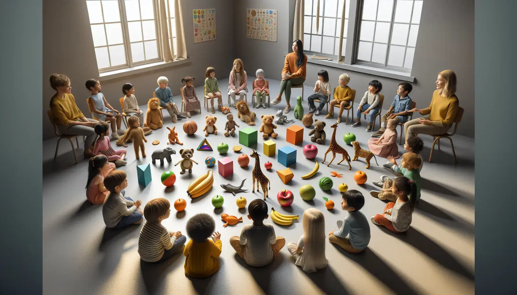 Niños diversos sentados en círculo en un aula con objetos educativos en el centro, incluyendo frutas, figuras geométricas y animales de juguete, con una maestra explicando.