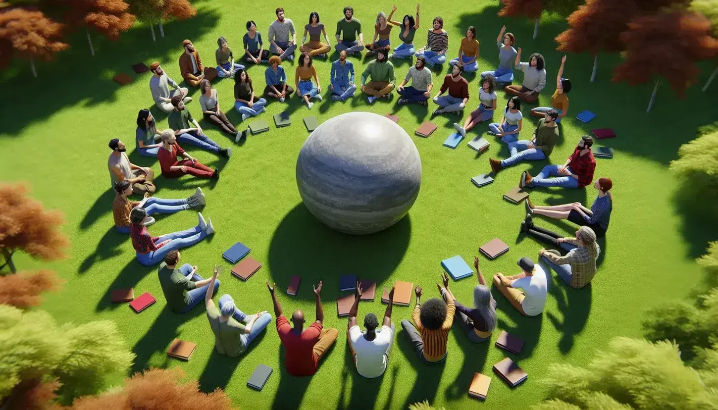 Grupo diverso de personas sentadas en círculo en un parque, discutiendo alrededor de una esfera de piedra, con libros en sus manos y árboles al fondo en un día soleado.