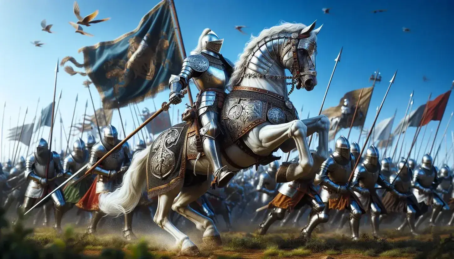 Cavaliere in armatura su cavallo bianco in posa eretta con lancia in una scena di battaglia medievale, soldati e armature brillano al sole.