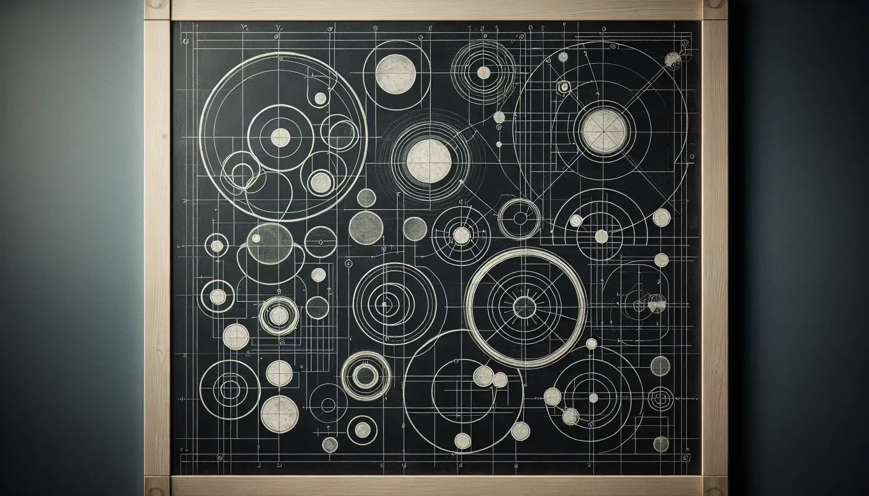 Blackboard with drawings of geometric shapes such as circles of various sizes, lines and rectangles, framed in wood, without text or symbols.