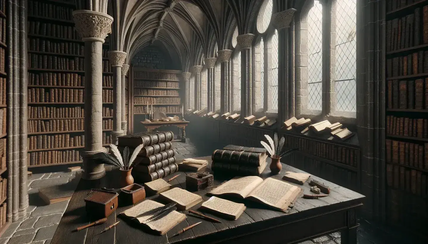 Biblioteca medievale con tavolo in legno, manoscritti, penne d'oca e monaco che legge, illuminati da una finestra ad arco.