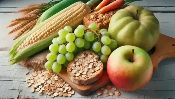 Variedad de alimentos naturales con uvas verdes, mazorca de maíz amarillo, manzana roja, pan integral y copos de avena sobre superficie de madera clara.