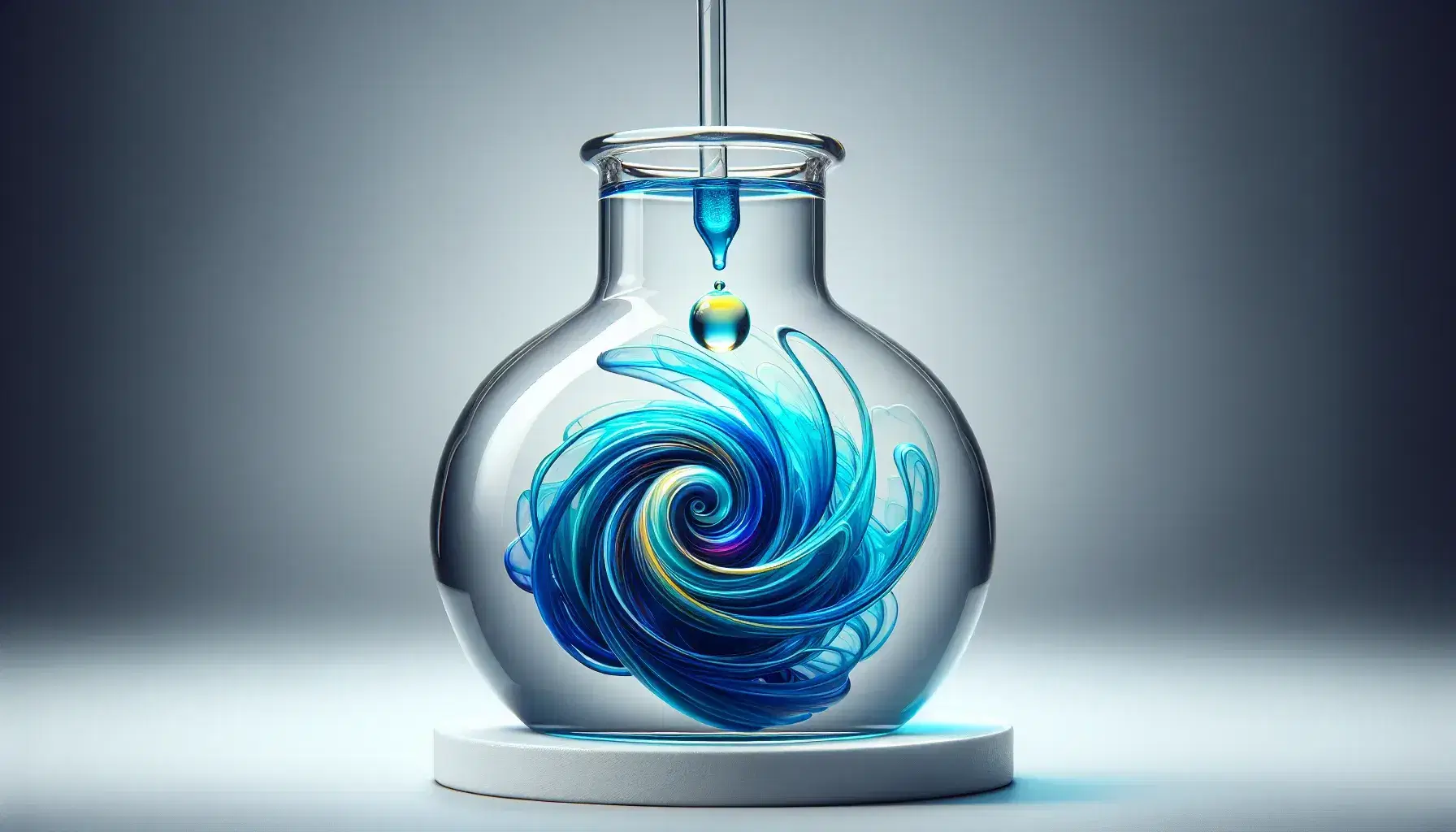 Glass bottle with transparent liquid and blue vortex created by magnetic stirrer, yellow drop falling from dropper on gray background.