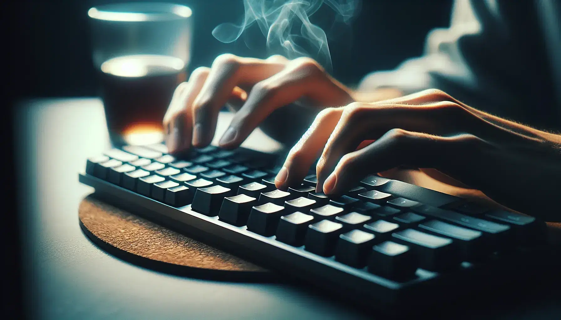 Hands placed on black modern keyboard without characters, with cup of hot drink on cork coaster, monitor background on.