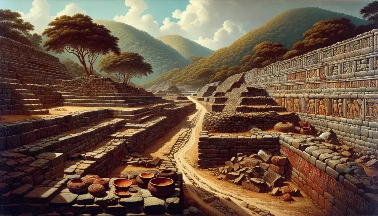 Ruinas arqueológicas con muros de piedra y terrazas escalonadas, camino de barro y cerámica terracota entre vegetación y montaña bajo cielo azul.
