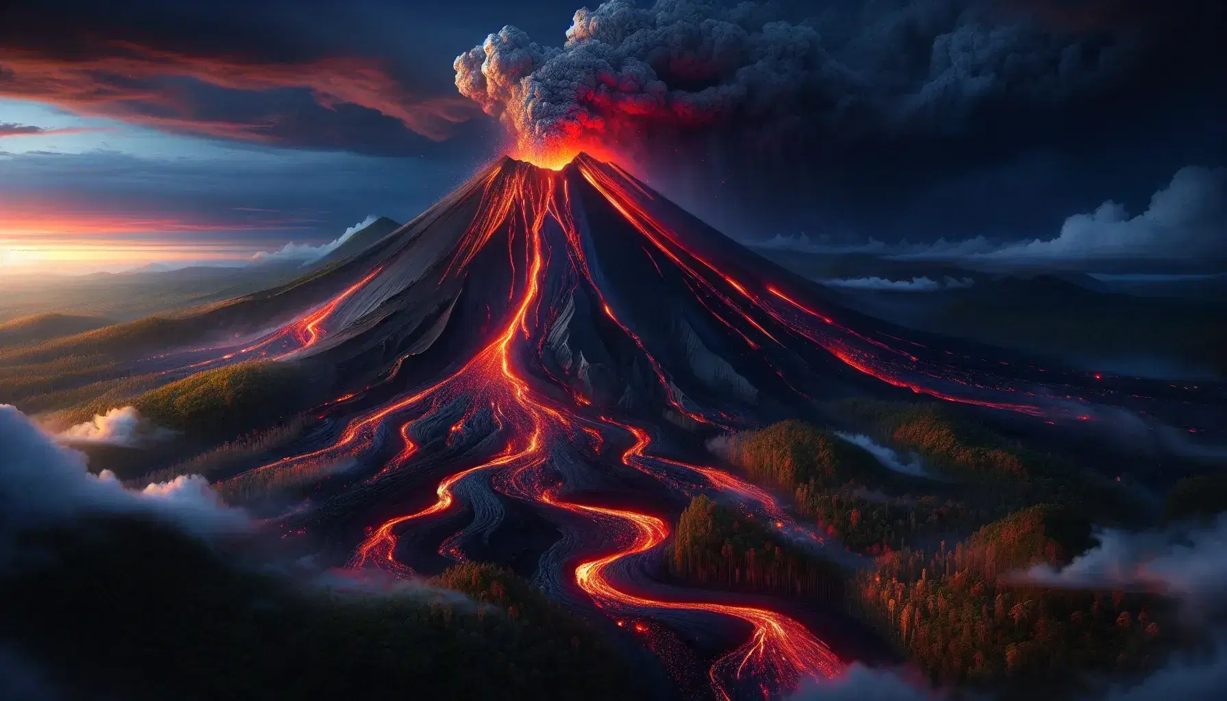 Eruzione vulcanica con colonna di fumo, flusso di lava incandescente e detriti su foresta, sotto cielo crepuscolare.