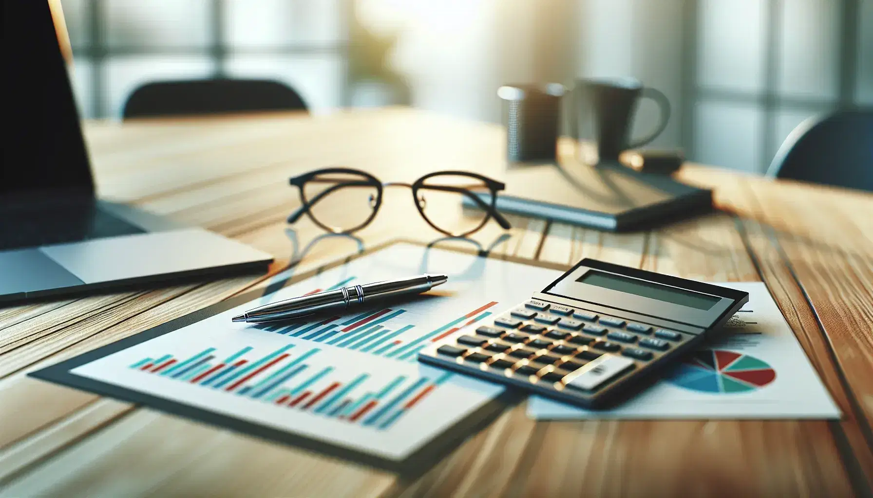 Escena de oficina con escritorio y calculadora moderna, gráficos impresos en papel, gafas metálicas y bolígrafo negro, con portátil abierto al fondo mostrando gráfico de barras.