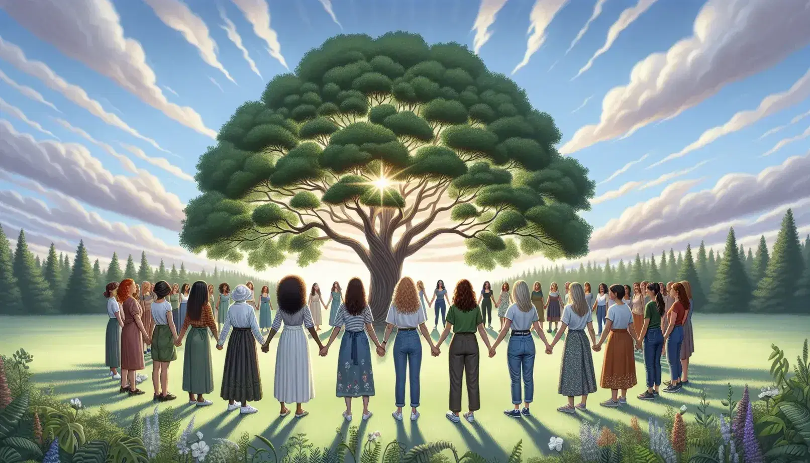 Gruppo multietnico di donne in cerchio su prato verde con albero rigoglioso al centro, esprimendo solidarietà e serenità sotto cielo azzurro.