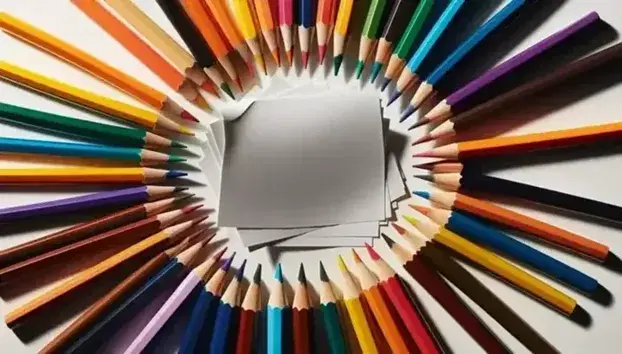 Matite colorate affilate disposte a cerchio su sfondo bianco con foglio centrale leggermente accartocciato e tracce di grafite.