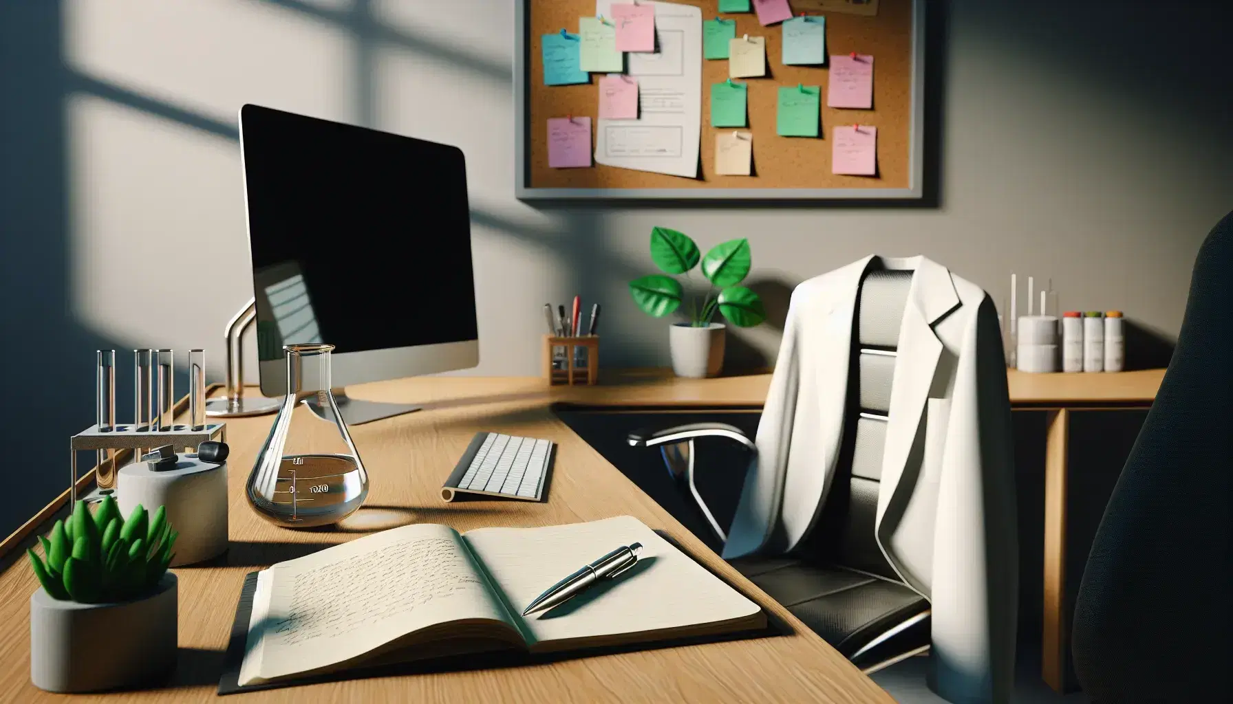 Psychological research laboratory with wooden desk, computer, notebook, pen, white coat, beaker and green plant.