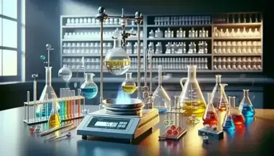 Laboratorio scientifico con becher di liquidi colorati, bilancia analitica, provette e attrezzature per esperimenti chimici.