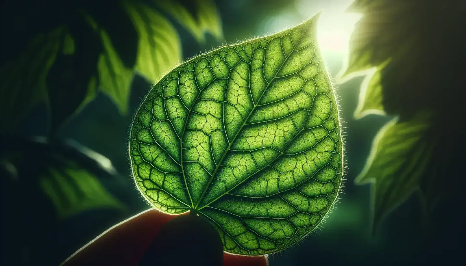 Close-up of a sunlit green leaf with a detailed vein network, soft glow on edges, and a blurred greenery background.