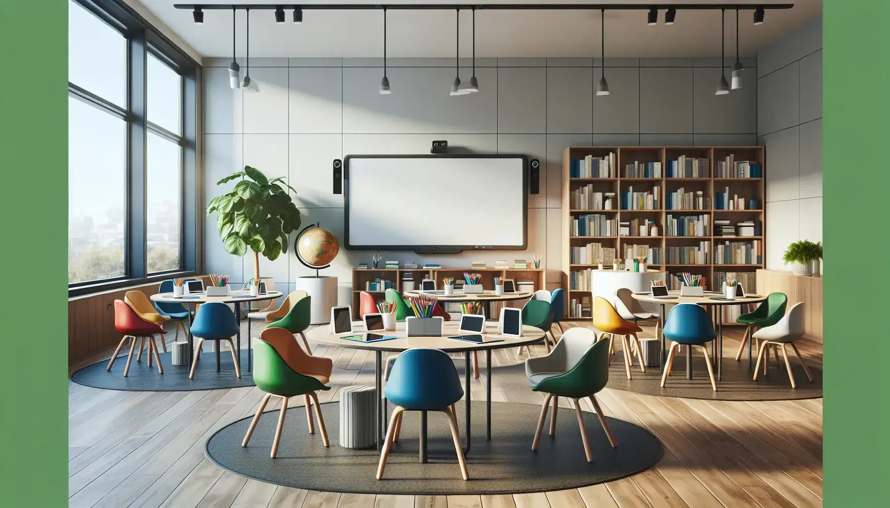 Aula moderna y espaciosa con mesas redondas y sillas ergonómicas de colores, tabletas digitales, pizarra interactiva y amplias ventanas que dejan entrar luz natural.