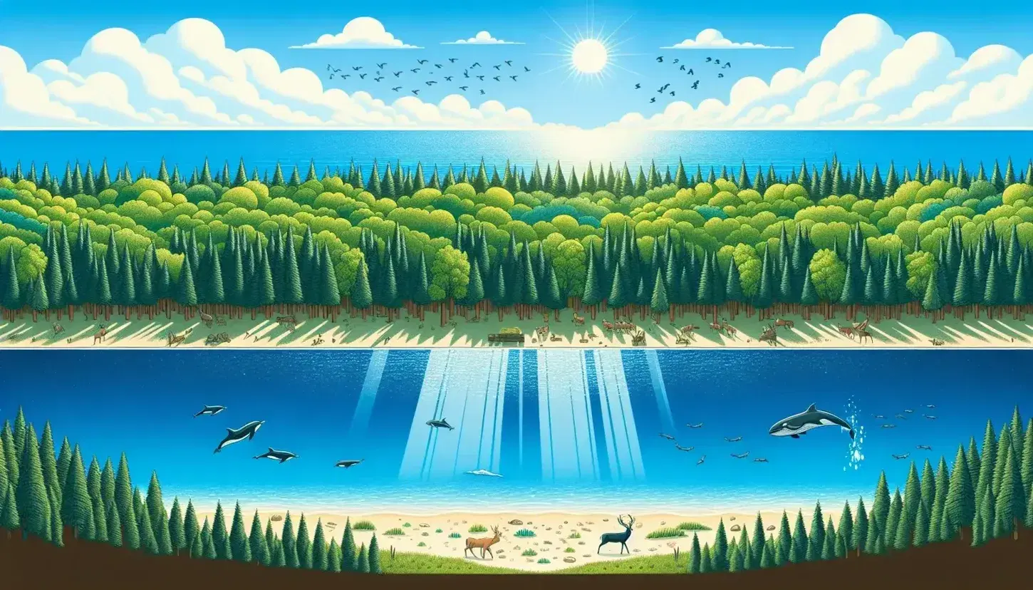 Paesaggio naturale con cielo azzurro e nuvole, foresta verde, spiaggia sabbiosa, cervo, uccelli in volo, delfino e balena in mare.