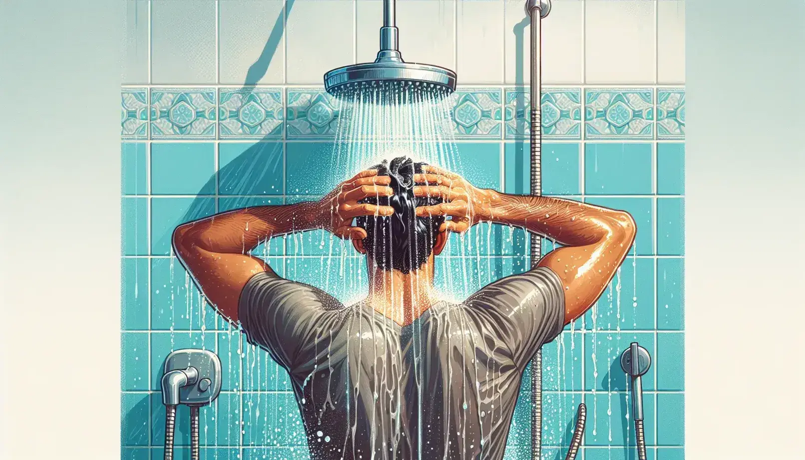 Middle-Eastern man washing hair under shower, water cascading from wall-mounted head against light blue tiles, with white bathtub edge visible.