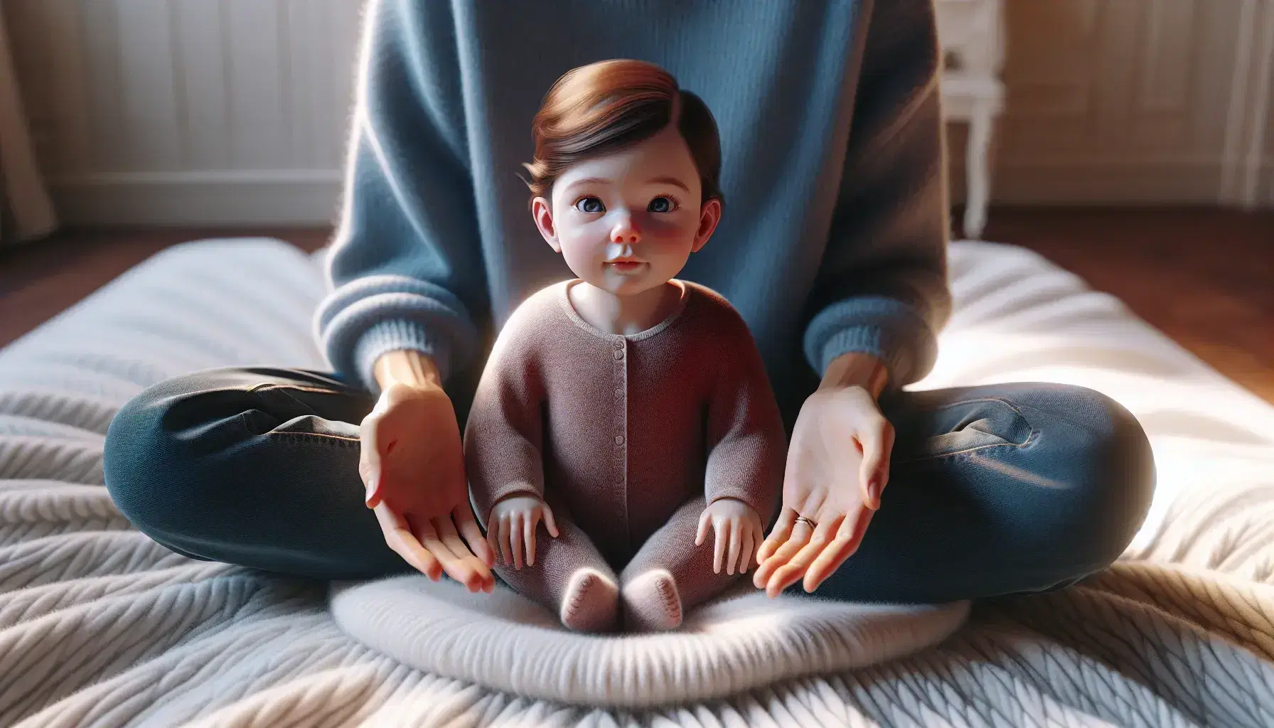 Newborn baby sitting on white blanket reaches for the open hands of a woman in red sweater and blue jeans, in a bright and cozy room.
