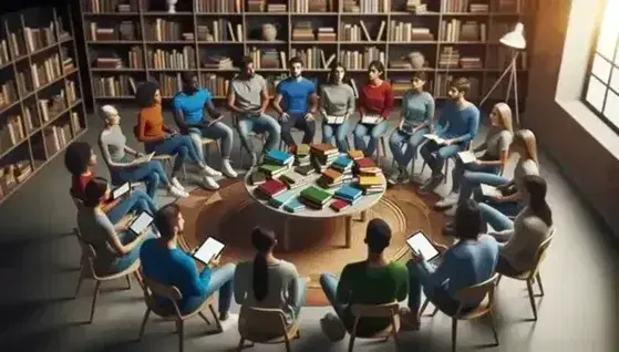 Grupo diverso de personas en discusión animada sentadas alrededor de una mesa con libros y dispositivos electrónicos en un ambiente acogedor.