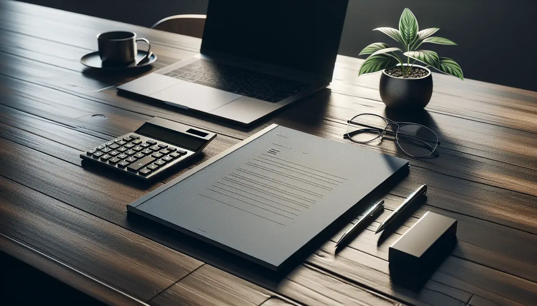 Mesa de oficina de madera oscura con reporte encuadernado, calculadora científica gris, gafas metálicas y bolígrafo junto a laptop en soporte y planta de interior.