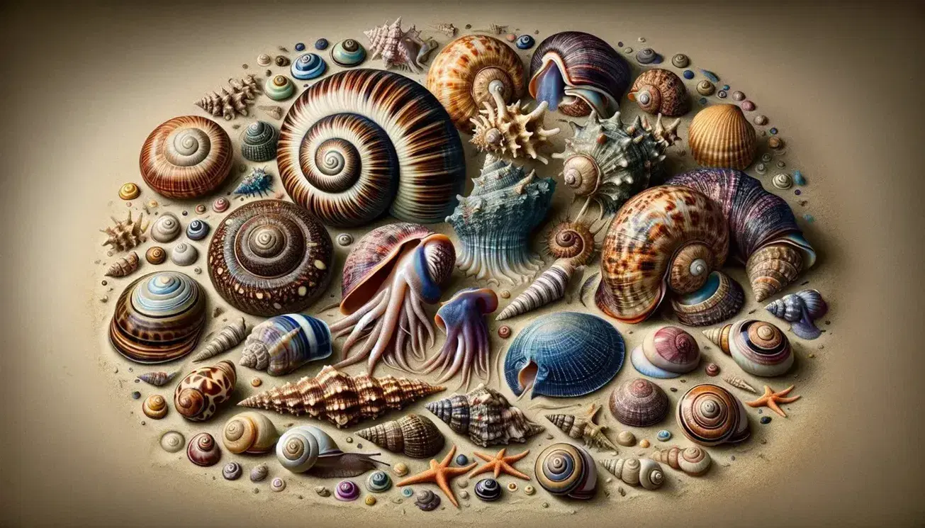 Variety of live molluscs on a neutral background: spiral gastropod, blue and purple bivalves, elongated cephalopod and small snails.