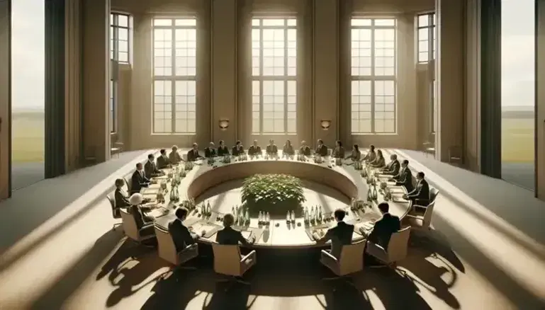 Diverse group of professionals in formal attire engaged in discussion around an oval table with notepads, pens, and indoor plants in a well-lit room.