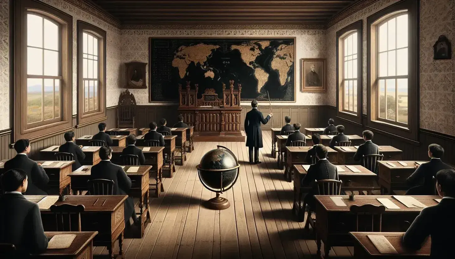 Aula escolar de finales del siglo XIX en México con pupitres de madera, pizarra negra al frente y maestro explicando, sin texto visible.