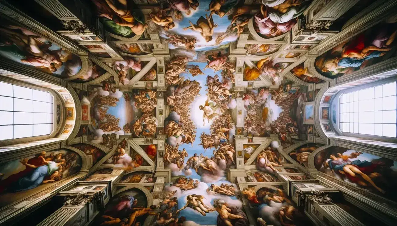 Affresco del Giudizio Universale di Michelangelo sulla volta della Cappella Sistina, con colori vivaci e figure umane dinamiche.