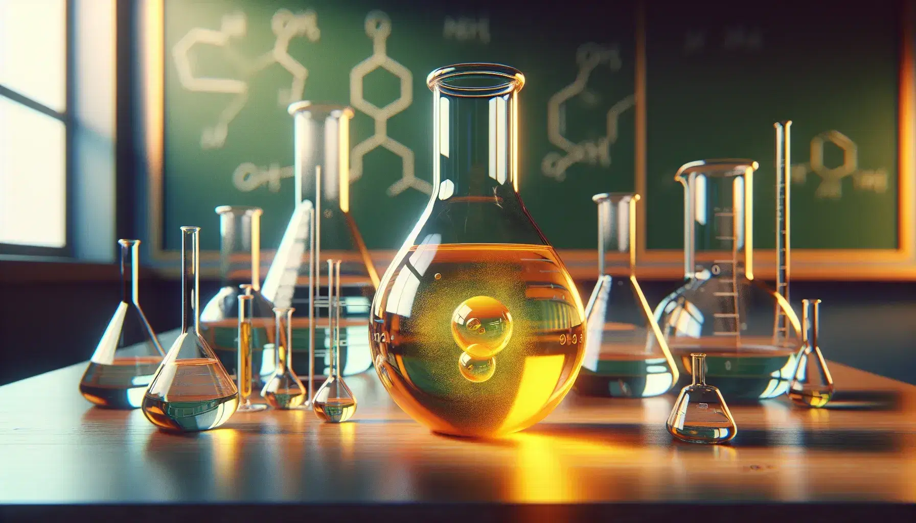 Clear glass flask on wooden laboratory bench with effervescent yellow-orange chemical mixture, surrounded by organic laboratory glassware.